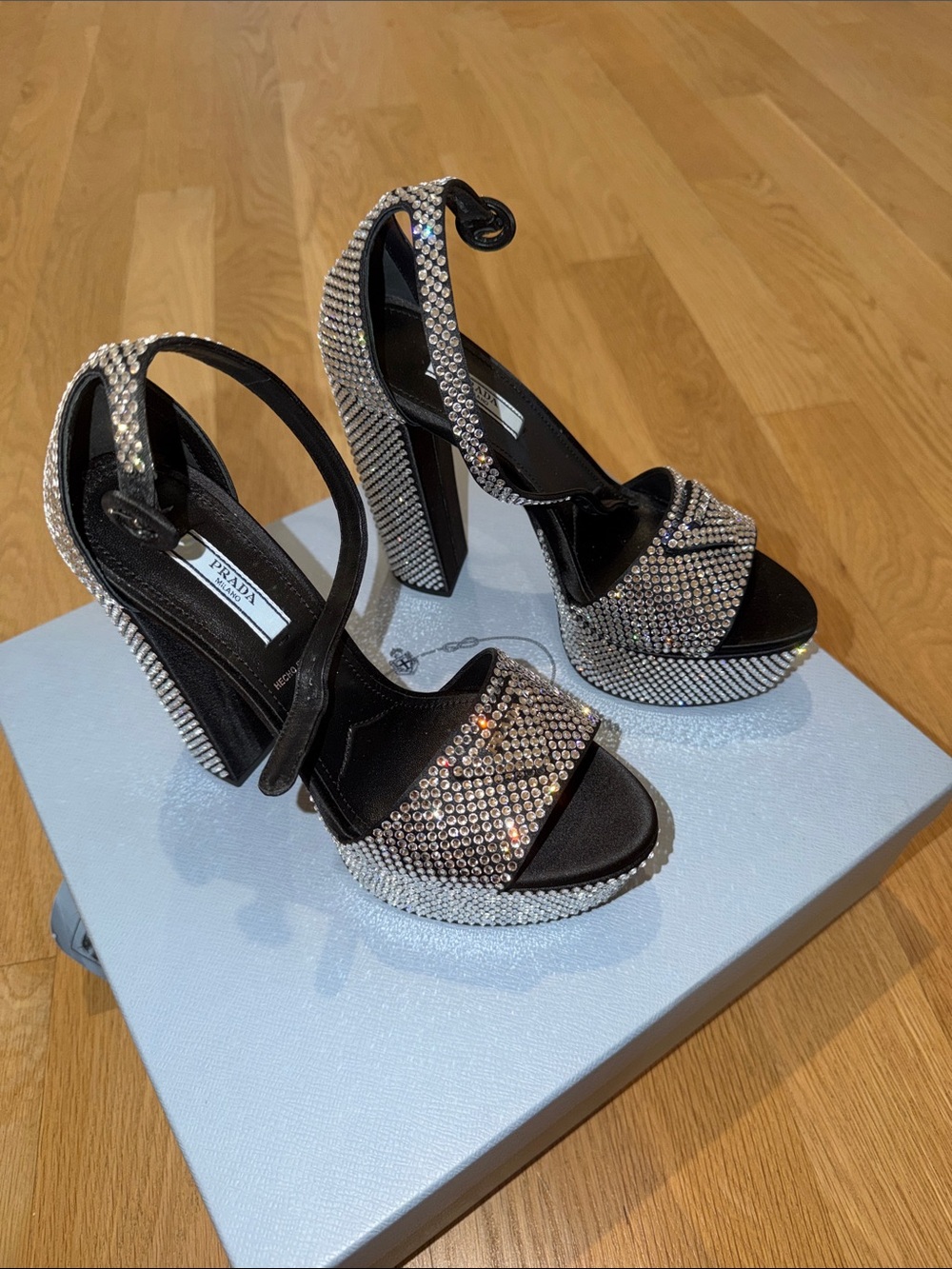 Prada Black Platform Sandals with Silver Crystal Embellishment